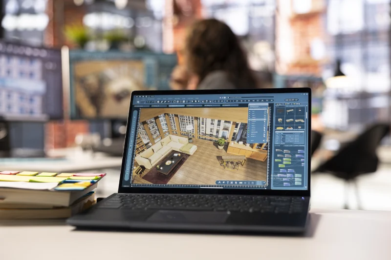 Laptop z wizualizacją 3D salonu podczas przygotowania projektu wnętrza